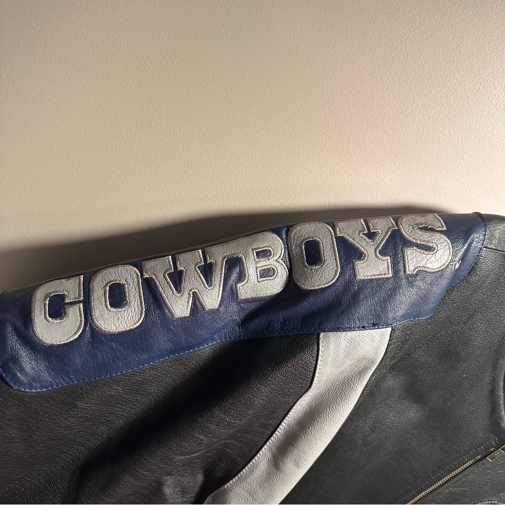 Vintage Carl Banks Dallas Cowboys Black Silver Blue Leather Bomber Jacket XL - Picture 7 of 16